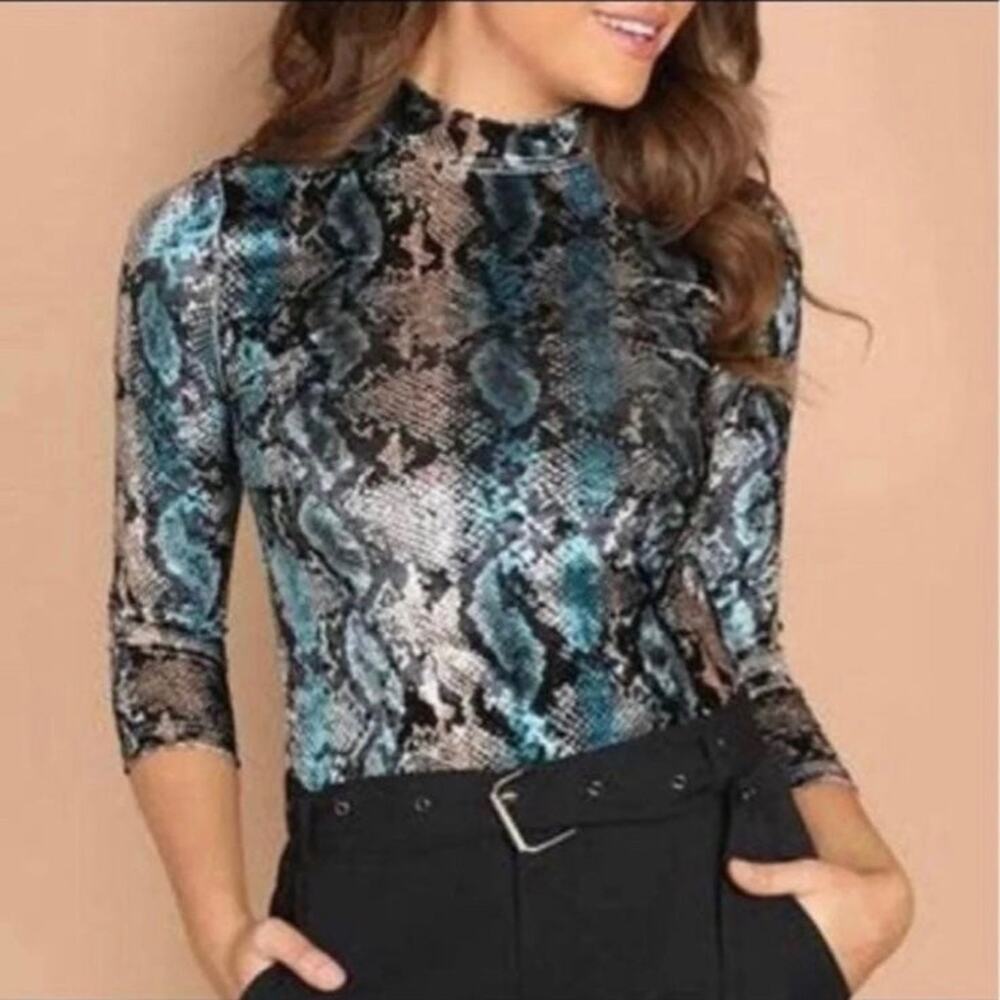 Mock Neck Snakeskin Print Velvet Top